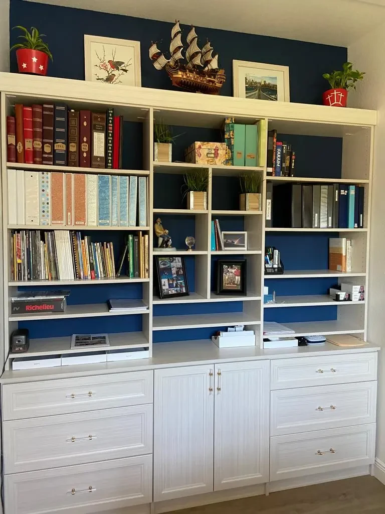Custom built-in shelving unit with organized books and decor